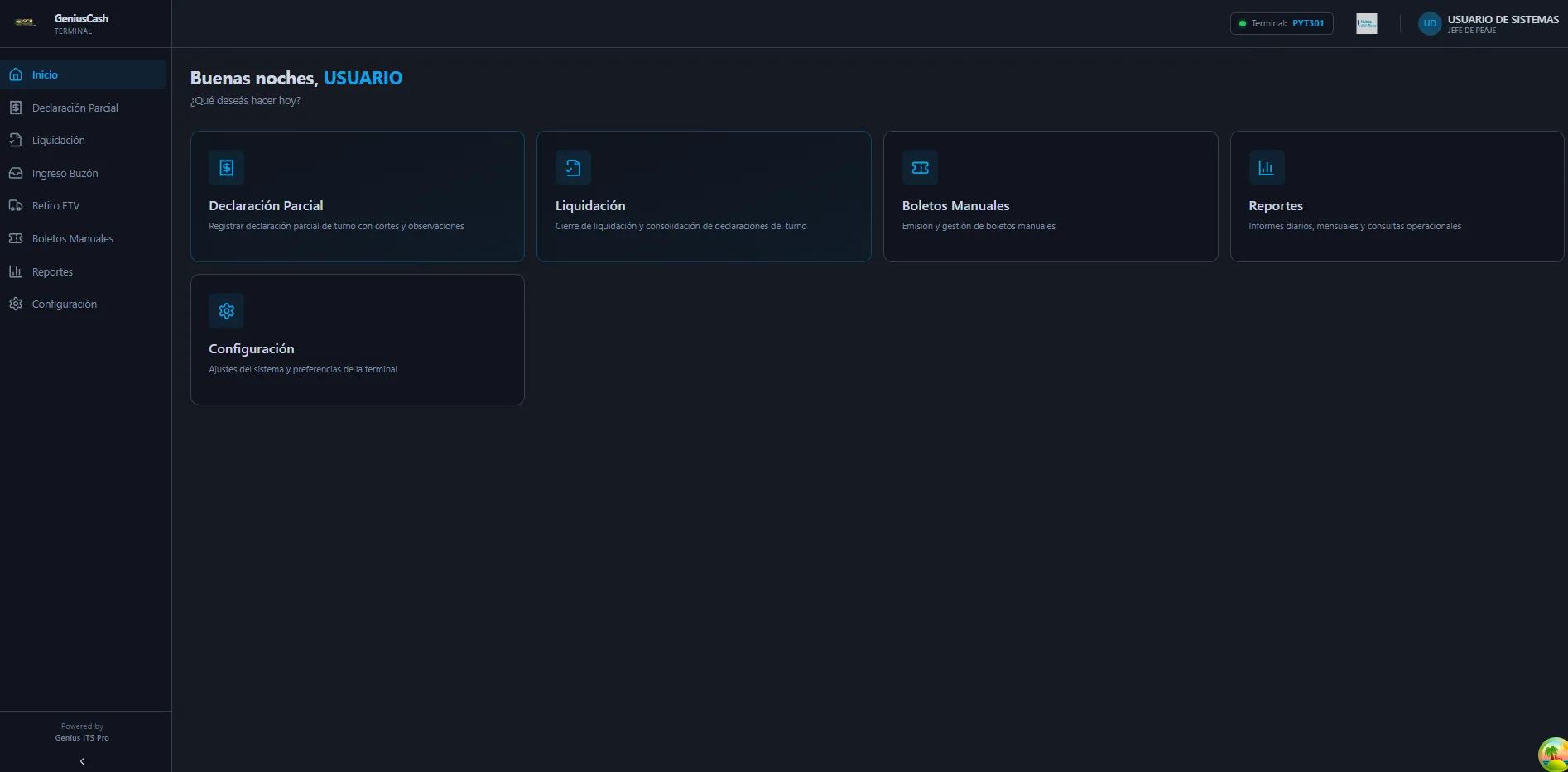 Pantalla de GeniusCash (GCH) para la declaración y liquidación de la recaudación